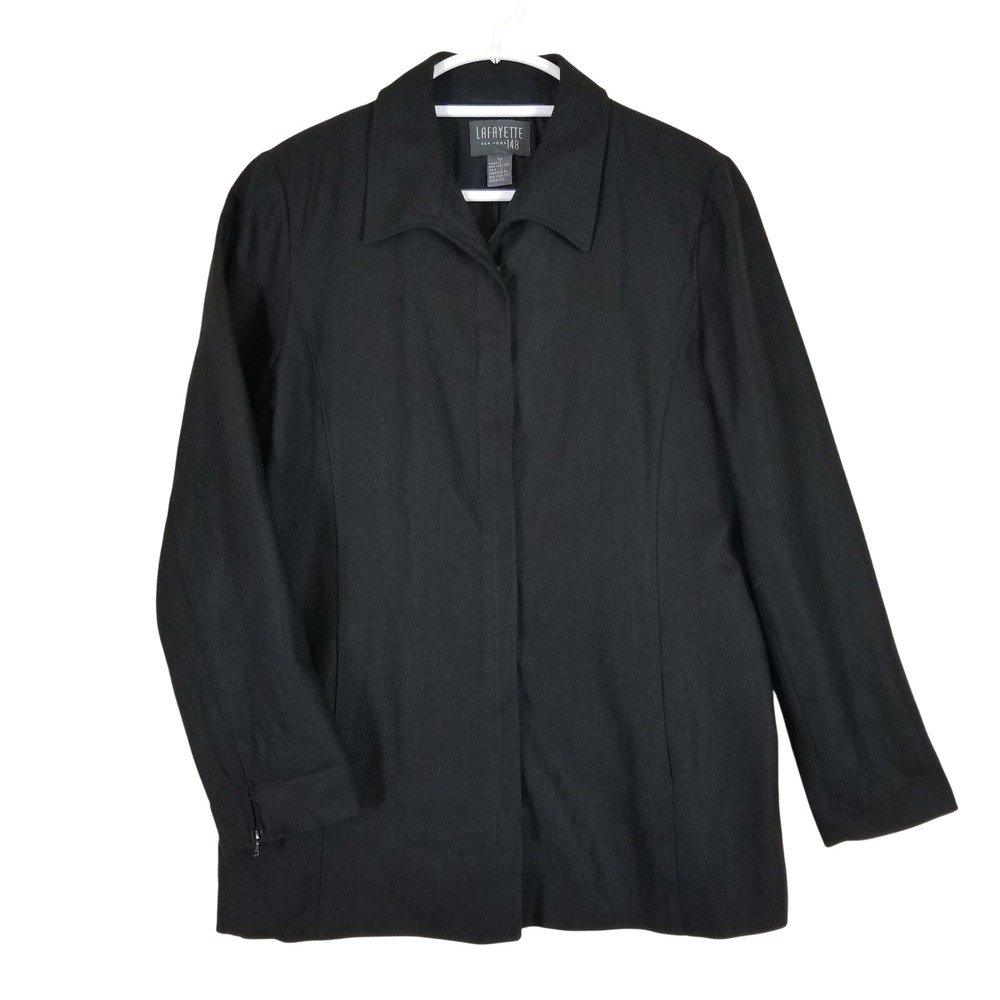 Lafayette 148 New York Jacket Womens 12 Black Linen Hidden Placket Zip Cuff NYC